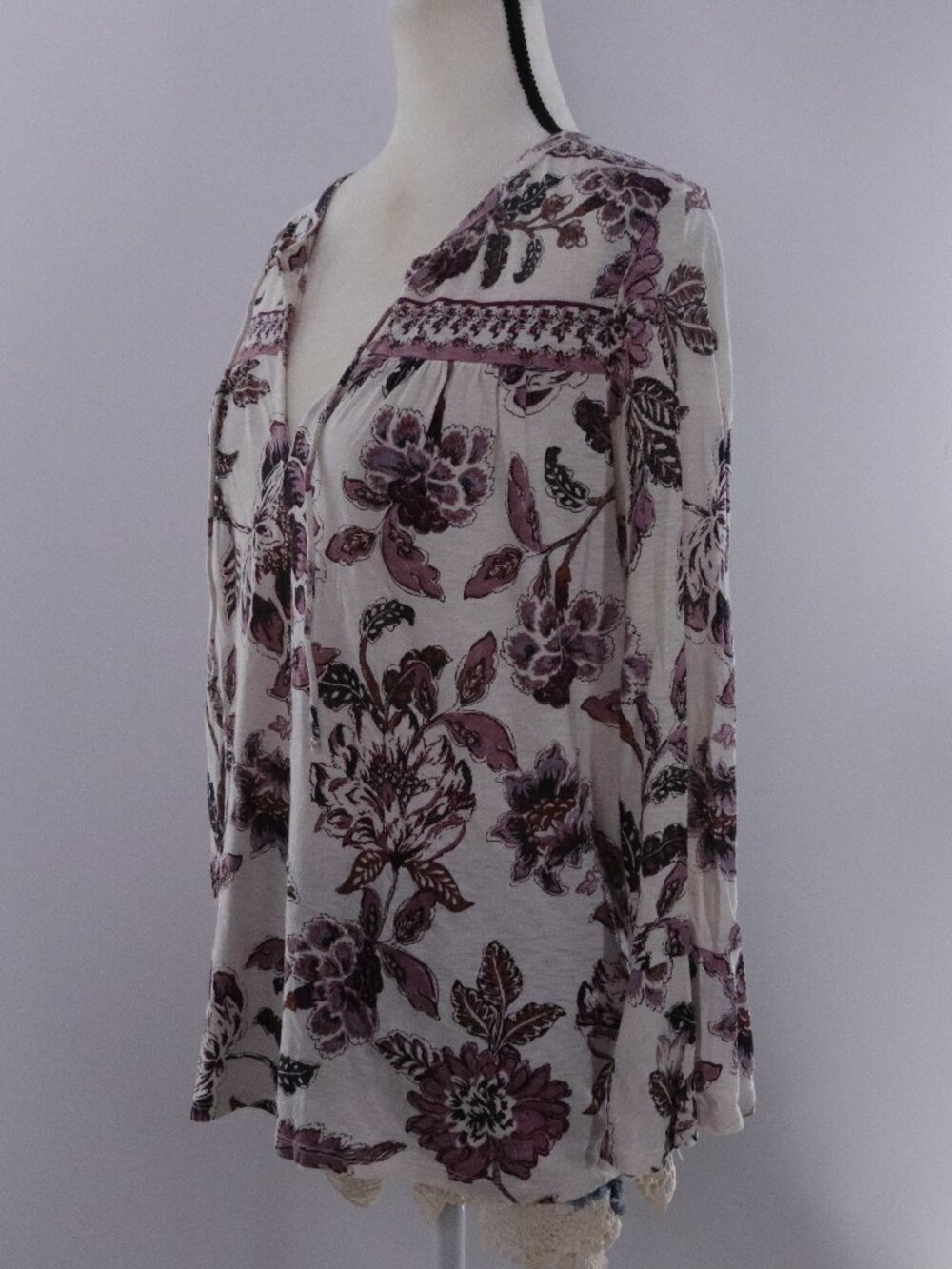Lucky Brand Floral Peasant Blouse Cotton Modal Medium Purple Boho